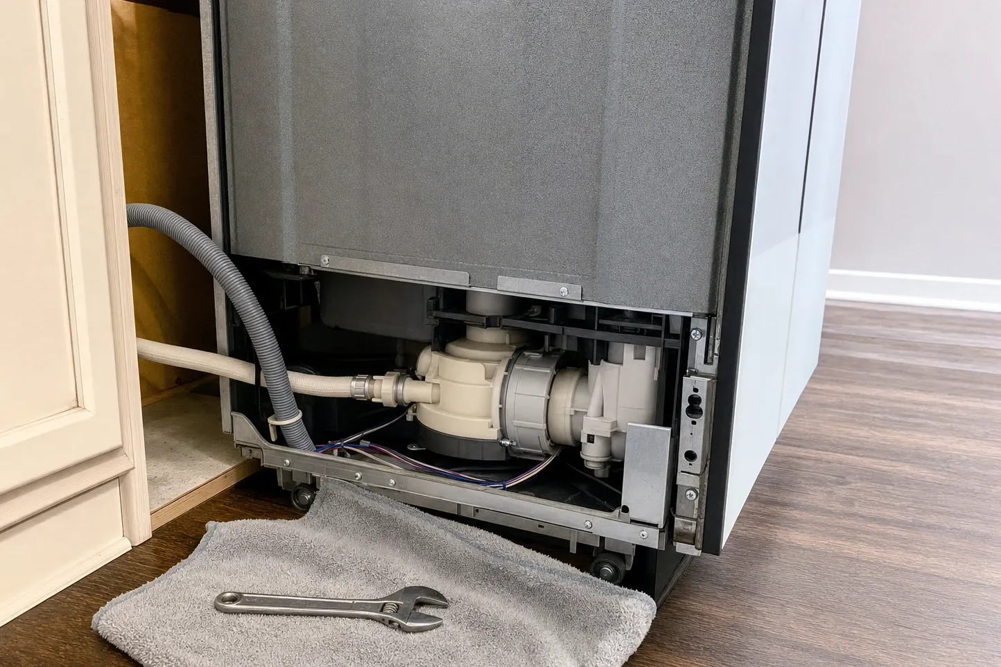 Dishwasher pulled out of its cabinet with the lower panel removed, circulation pump, hoses and wiring in view