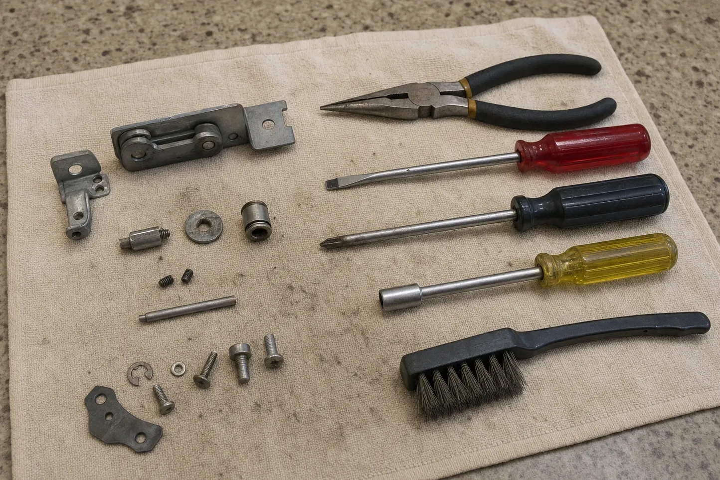 Hinge plate with roller links, a small bracket, a bushing, an E-clip, a pin and screws arranged on a cloth over a speckled stone worktop beside long-nose pliers and four drivers