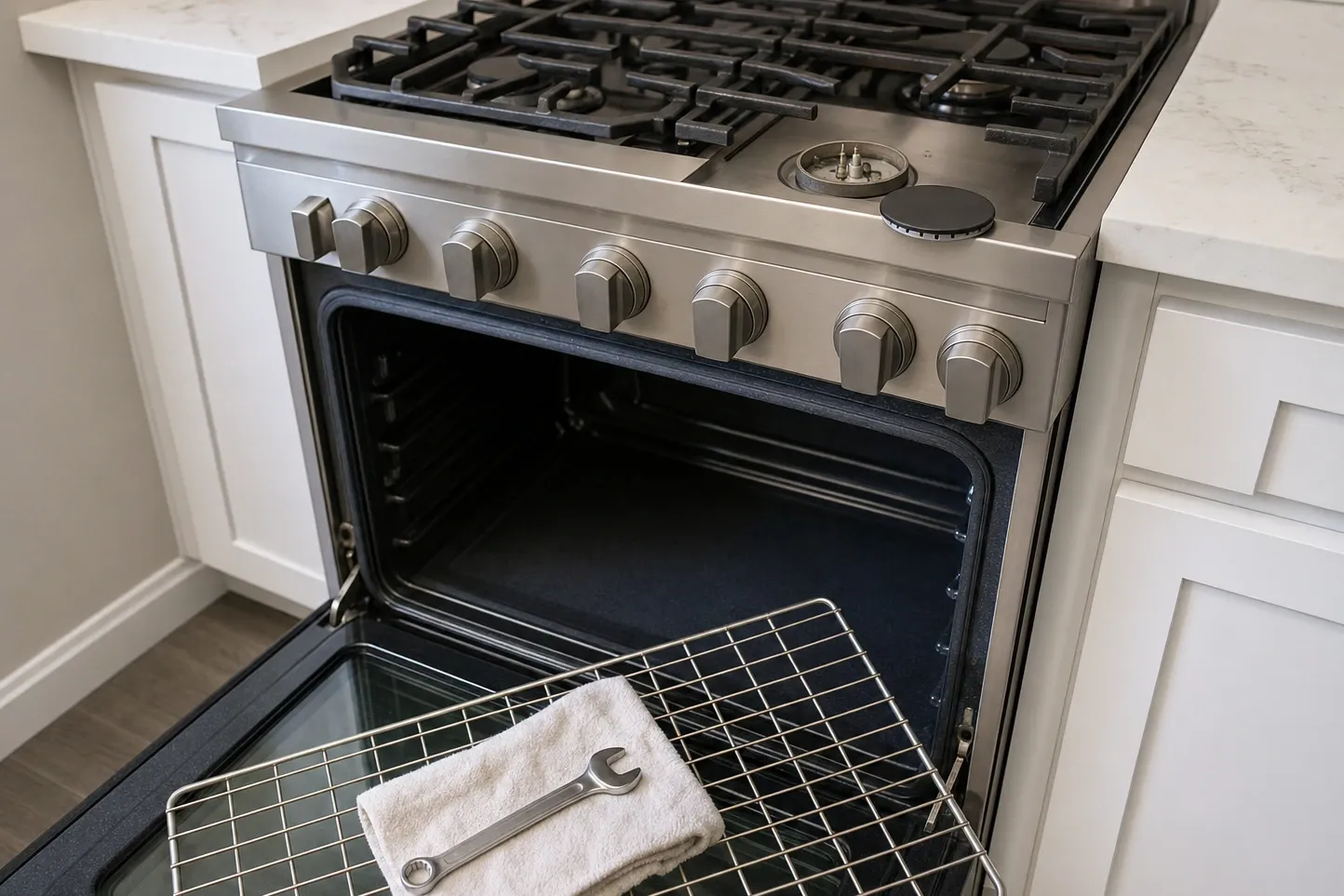 Seven-knob stainless range in a white kitchen, oven door open, one burner cap removed and a wrench on the rack