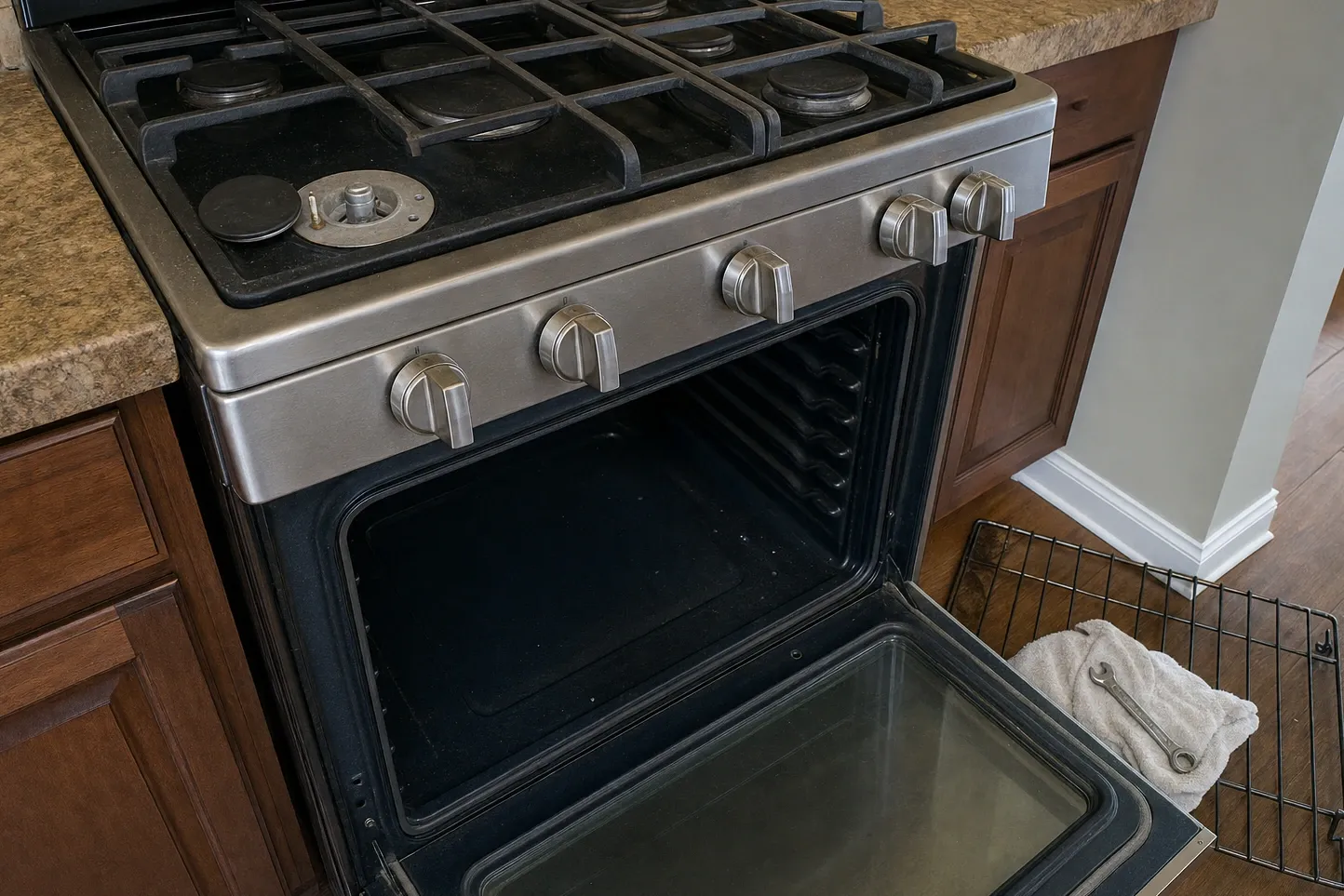 Stainless gas range in dark cherry cabinets under speckled granite, the front-left burner cap lifted clear so the burner base and its spark electrode stand exposed, the oven door lowered and an oven rack on the wood floor beside a wrench on a folded towel