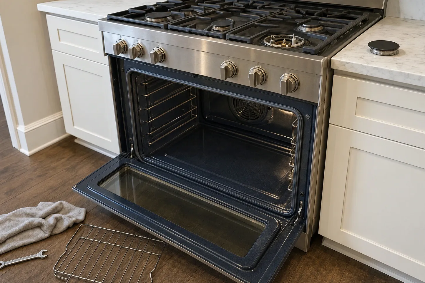 Pro-style stainless range in white shaker cabinets under marble, the right-hand burner opened down to its base and electrode with the cap set on the worktop, the oven door fully down on an empty cavity and its convection fan cover, a rack and a wrench on the dark wood floor