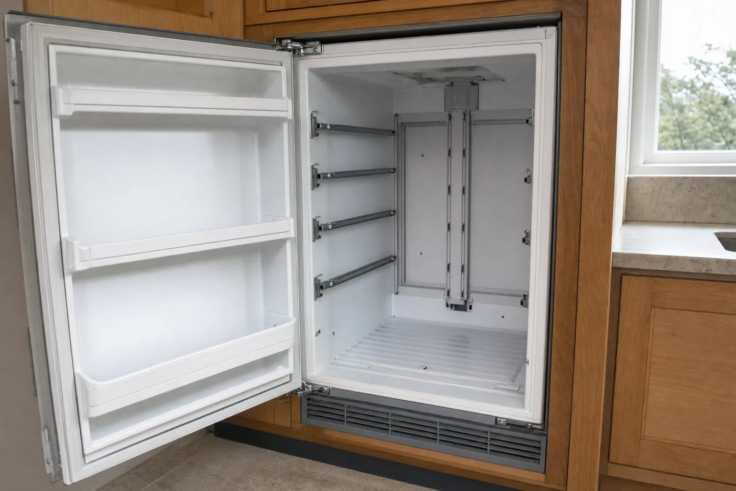White undercounter refrigerator built into oak cabinetry beside a window, its door open wide on an empty interior with shelf runners down the left wall, a centre column and a wide ventilation grille filling the kickplate beneath the door