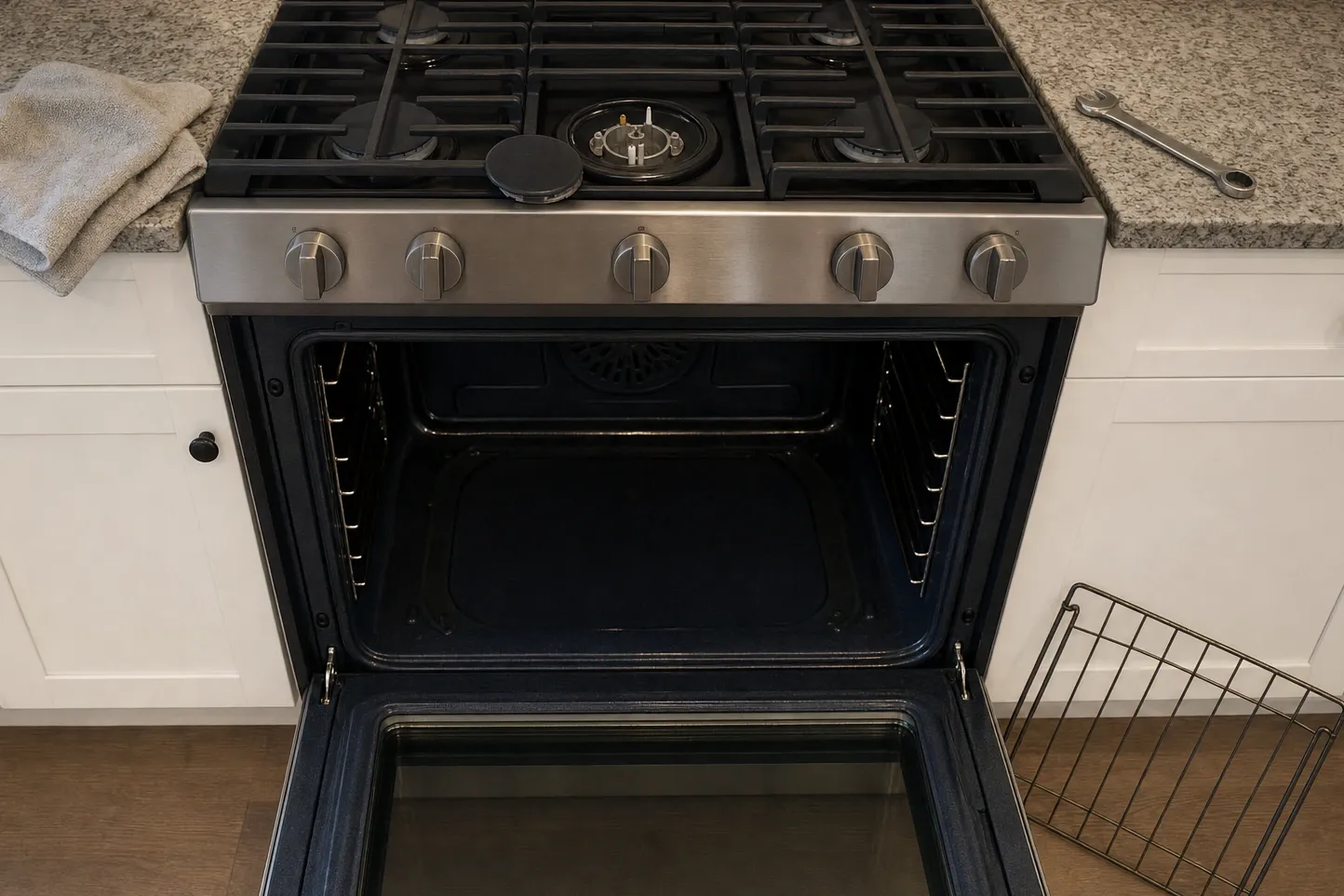 Head-on view of a five-knob stainless gas range in white shaker cabinets under granite, the centre burner uncapped to its base with the cap laid beside it, the oven door down on a dark empty cavity and its round fan cover, a folded towel on the worktop at the left and a wrench at the right