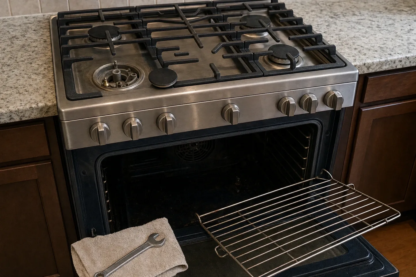 Seven-knob stainless range in dark cabinets under speckled granite seen from above, the front-left burner stripped to its base and orifice with the cap lying flat on the cooktop, and an oven rack resting on the open door with a towel and a wrench
