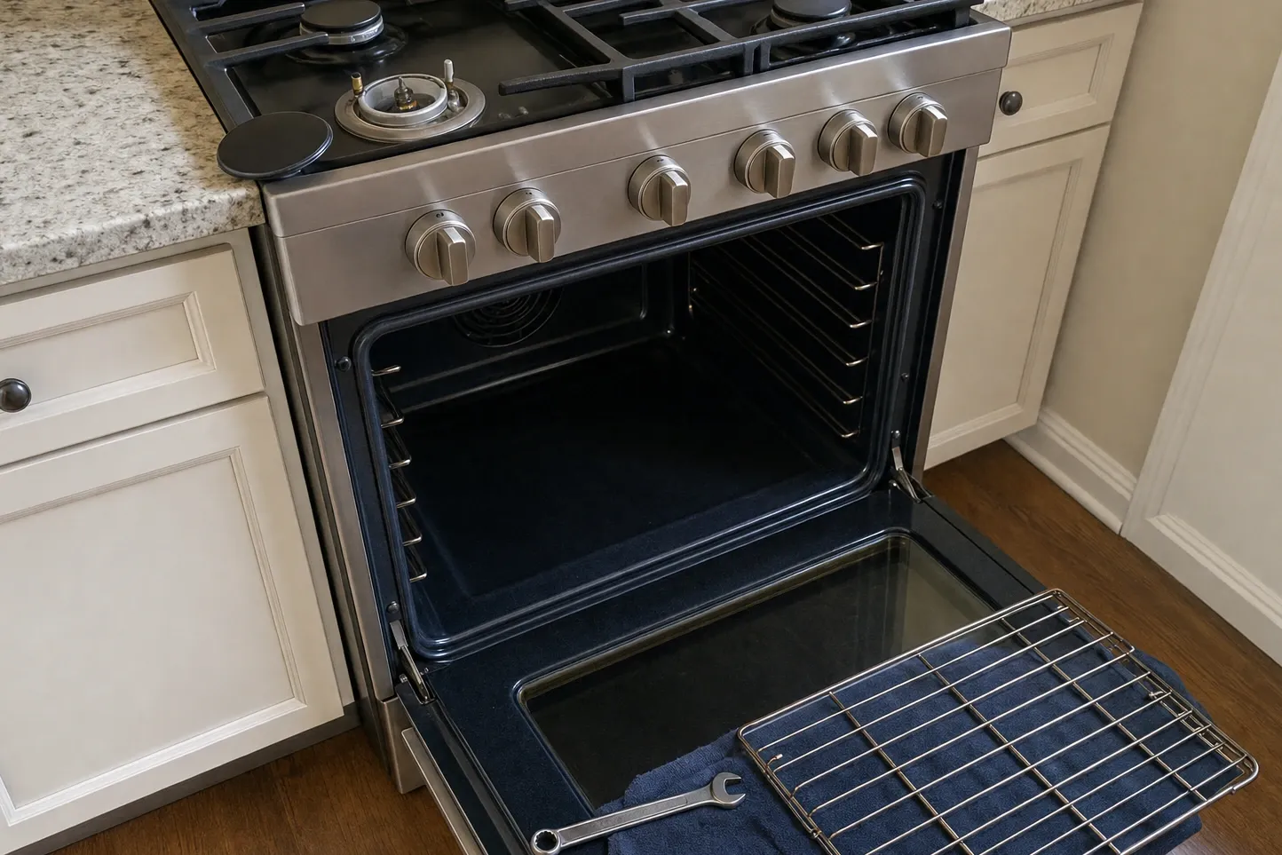 Stainless range in ivory raised-panel cabinets under granite, the front-left burner uncapped to its base with the cap resting on the cooktop, the oven door lowered on an empty cavity and an oven rack and a navy towel with a wrench lying across the open door