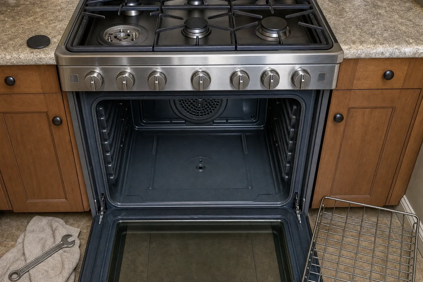 Wide seven-knob stainless range in honey-oak cabinets, the left burner opened to its base with the cap on the worktop, the oven door lowered on a full-width empty cavity with a perforated round fan cover, an oven rack on the tile at the right and a towel and wrench at the left